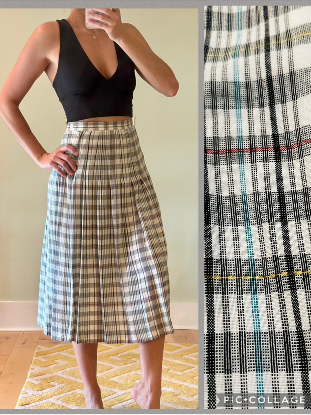 Vintage Wickford Plaid Midi Pleated Skirt in Cream and Black